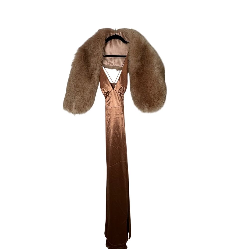 Windsor Copper Satin Formal Gown ✨ Criss Cross Back + Faux Fur Stole NWT Size 2